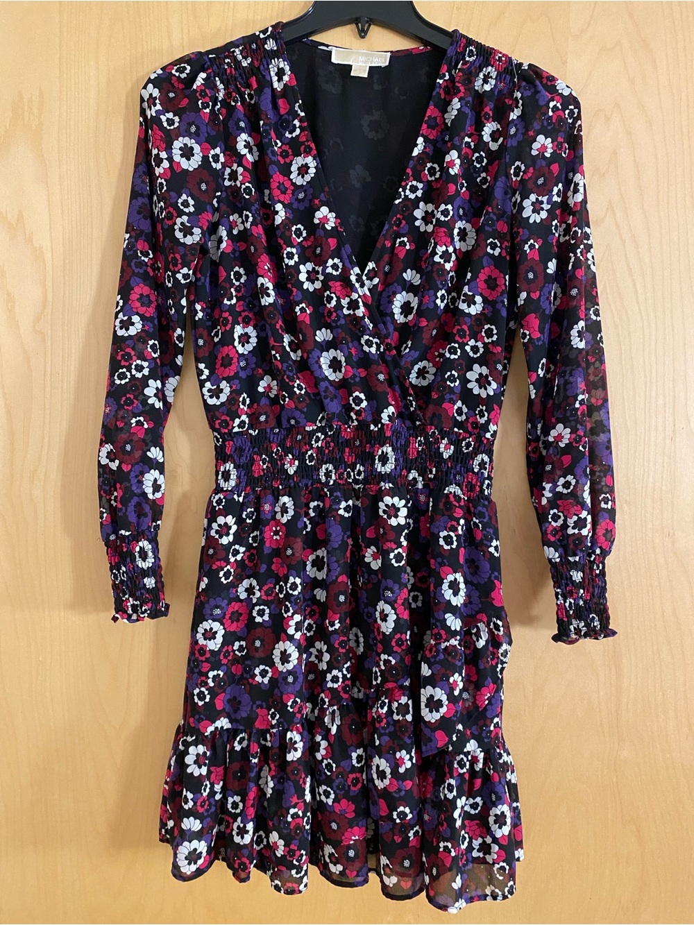 MICHAEL Michael Kors Floral Wrap Long-Sleeve Dress in Black, Magenta, Purple
